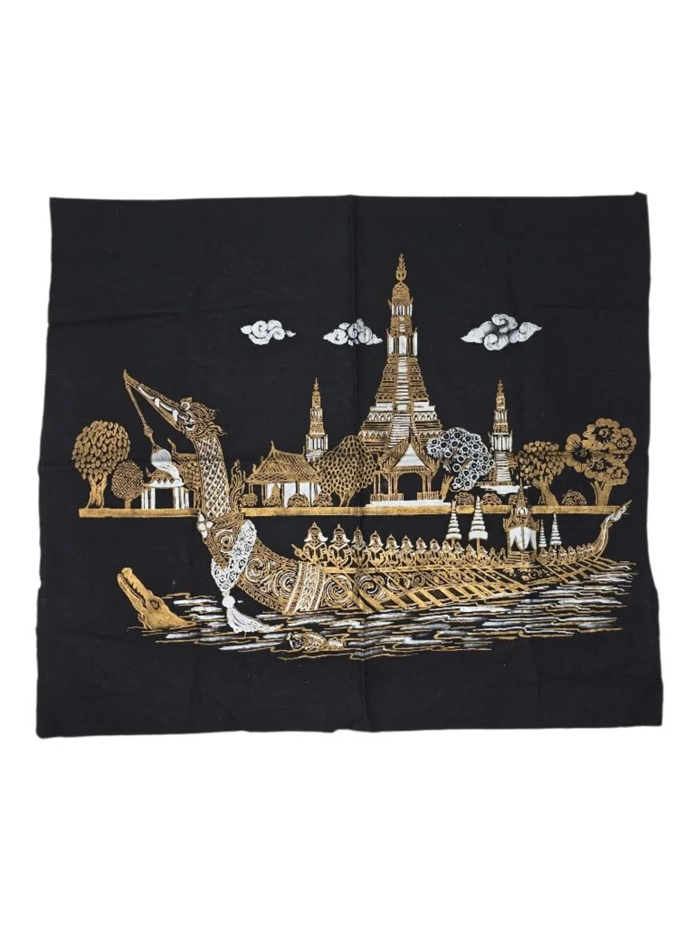 Vintage Thai Silk Scarf Panel Gold Temple Boat Scene Black 20x18